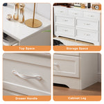 Commode blanche moderne à 3 tiroirs avec 7 compartiments, poignées en métal, dimensions 47,6" x 15,7" x 26,6" dans une chambre.
