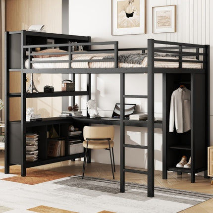Metal Loft Bed With Wardrobe And L-shaped Desk, Full Size Loft Bed With Storage Cubes And Shelves, Heavy Duty Loft Bed For Kids Teens Adults