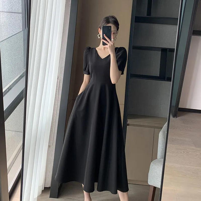 Solid-color V-neck Minimalist Hepburn-style Vintage Maxi Dress