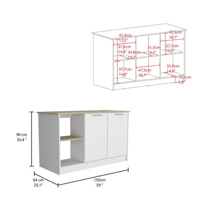 Juniper Kitchen Island, Four Open Shelves, Two Cabinets -Light Oak