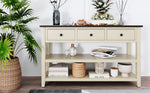 Table console rétro en bois massif de pin avec deux étagères ouvertes, design élégant pour salon, finition espresso et beige.