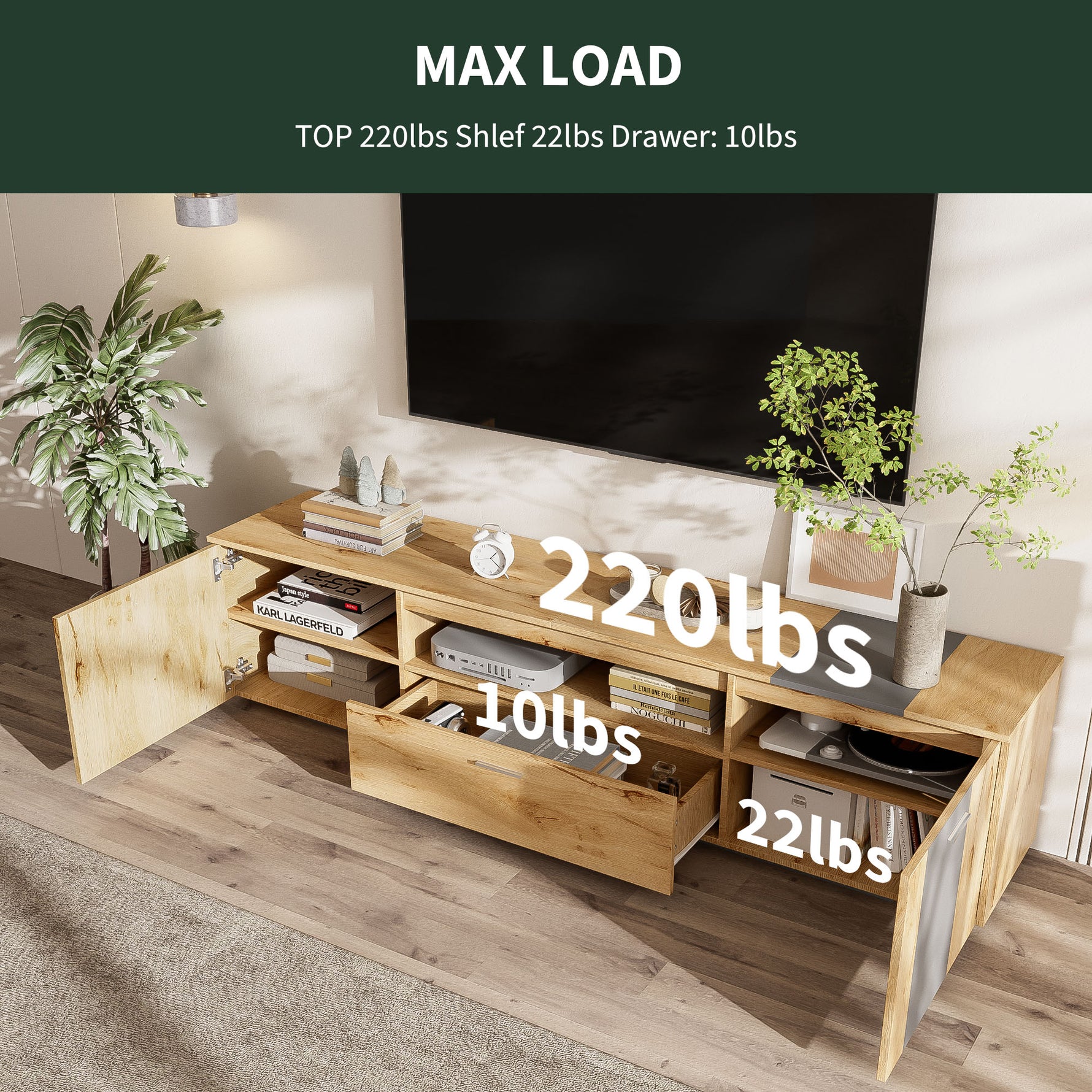 Meuble TV moderne de 70 pouces en bois avec espace de rangement, conçu par eprolo, pour salon élégant et contemporain.