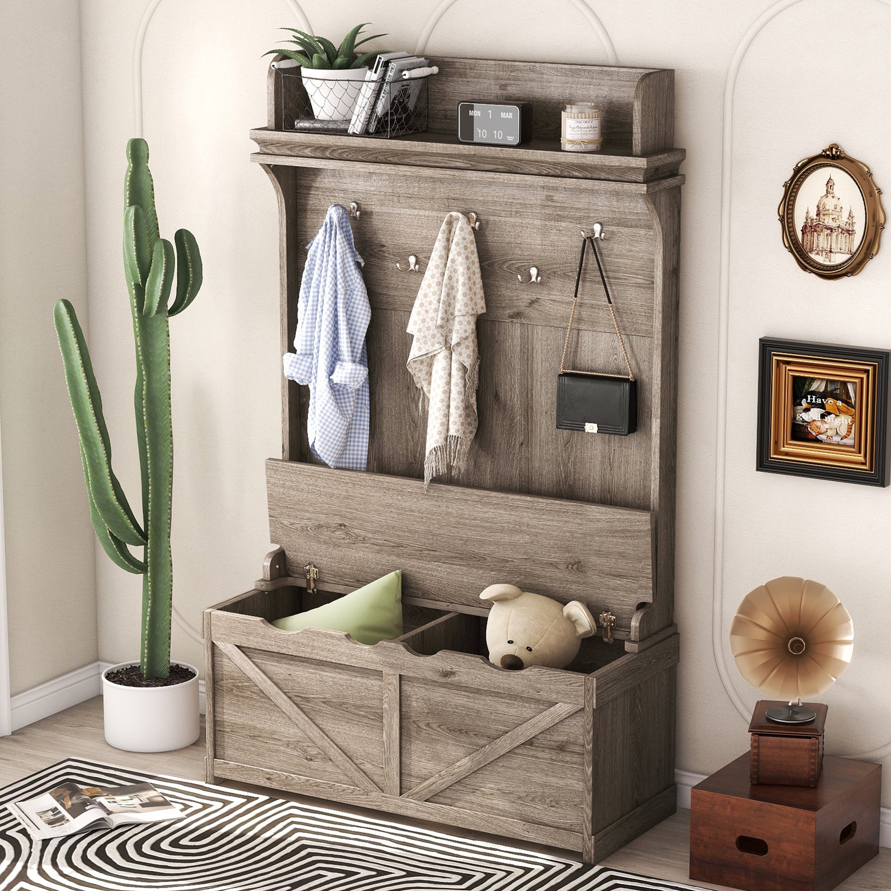 Porte-manteaux avec bureau de rangement en chêne, meuble d'entrée avec tiroirs et 5 crochets, étagère de présentation en bois.