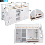Lit mezzanine fonctionnel eprolo blanc avec 3 étagères, 2 armoires, 2 tiroirs, échelle de rangement, sans sommier.