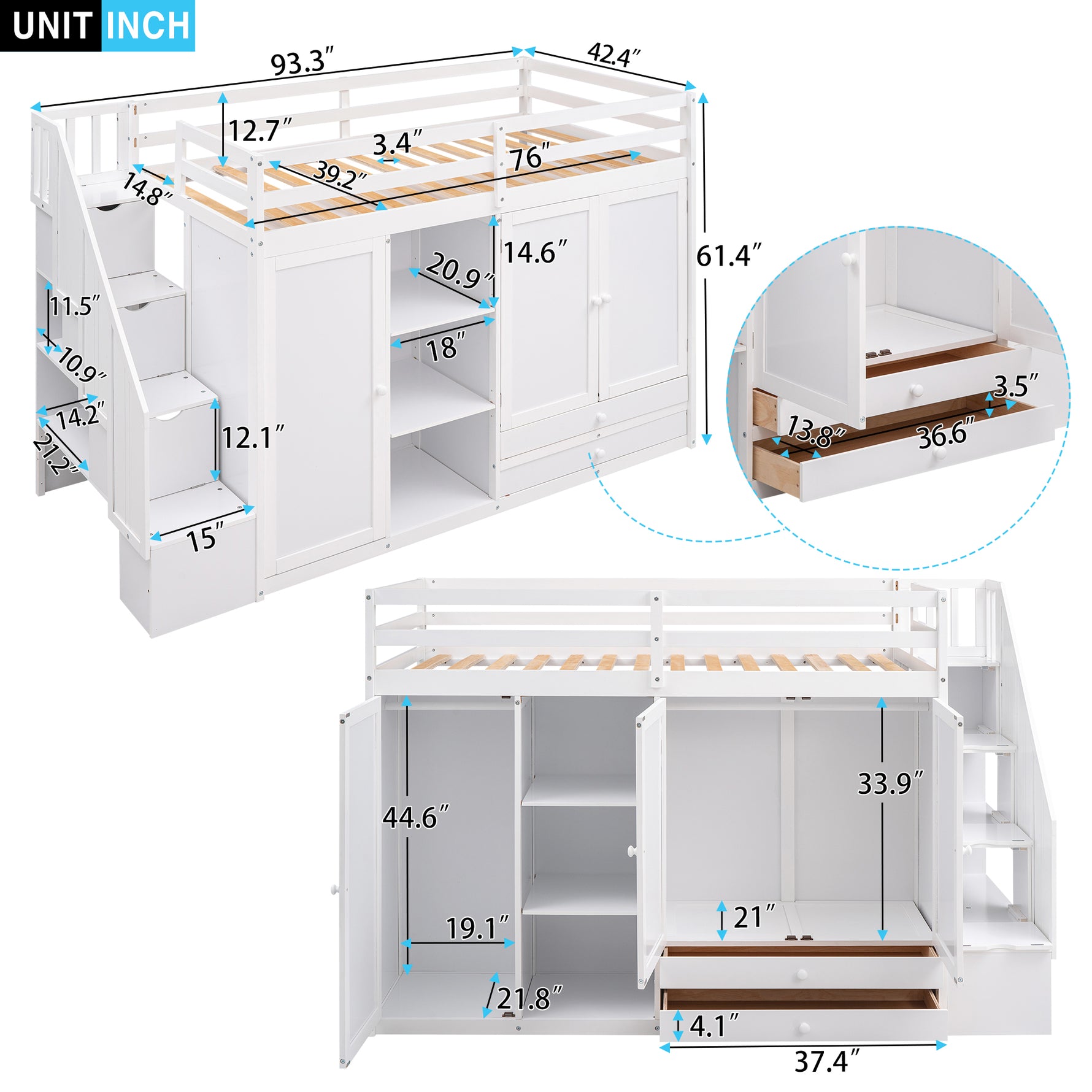 Lit mezzanine fonctionnel eprolo blanc avec 3 étagères, 2 armoires, 2 tiroirs, échelle de rangement, sans sommier.