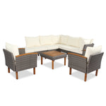 Ensemble de mobilier de jardin en rotin avec 9 pièces, coussins beiges, table en acacia et structure en bois, pour patio.