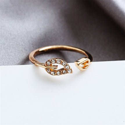 Leaf Rhinestone Peach Heart Adjustable Joint Ring