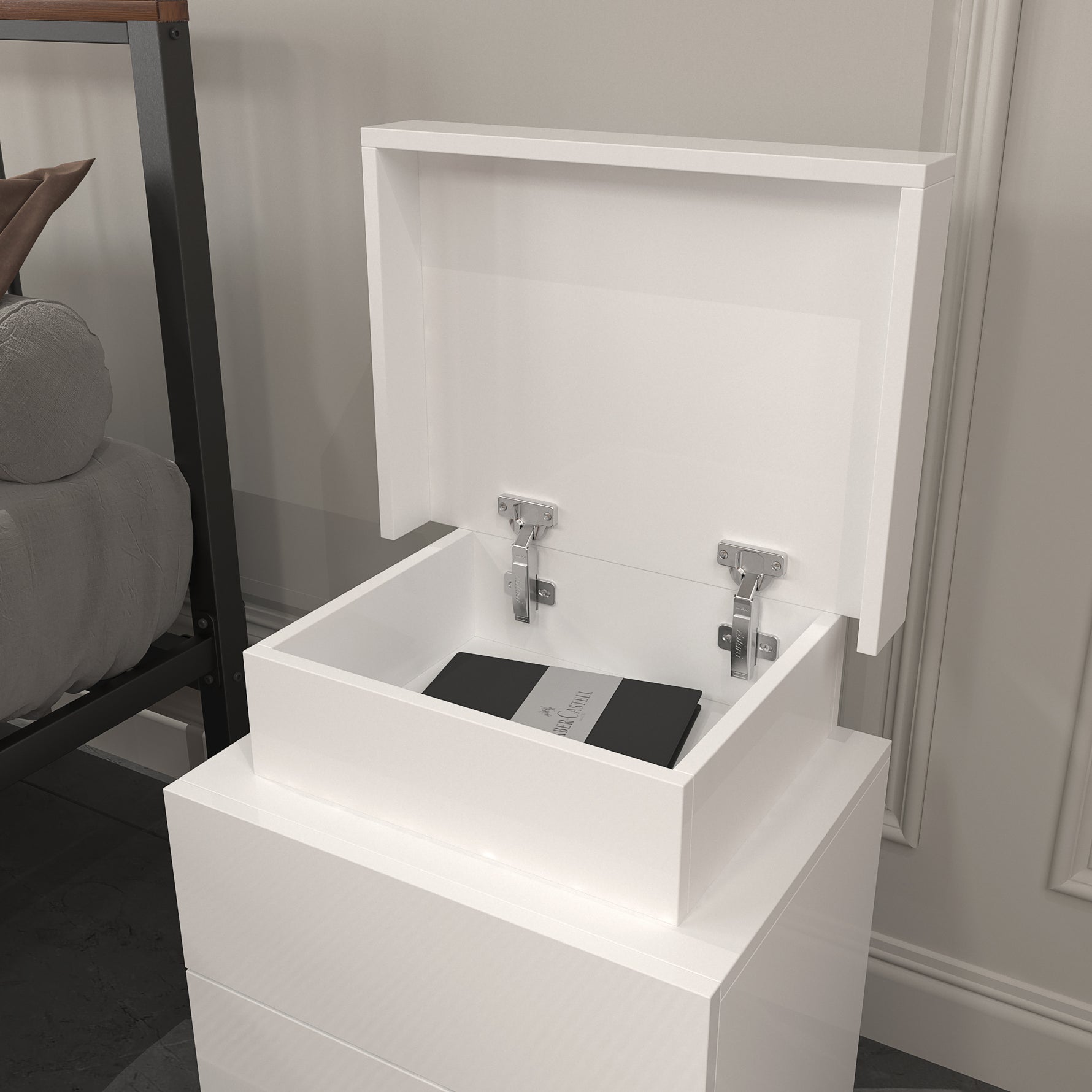 Table de nuit moderne blanche eprolo avec un tiroir et un espace de rangement pour la chambre à coucher.