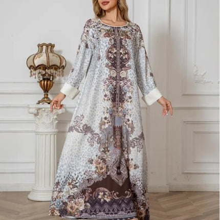 Elegant Floral Print Long Sleeve Abaya Dress