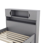 Cadre de lit double eprolo gris avec rangements, étagères, bibliothèques et quatre tiroirs, design pratique et moderne.
