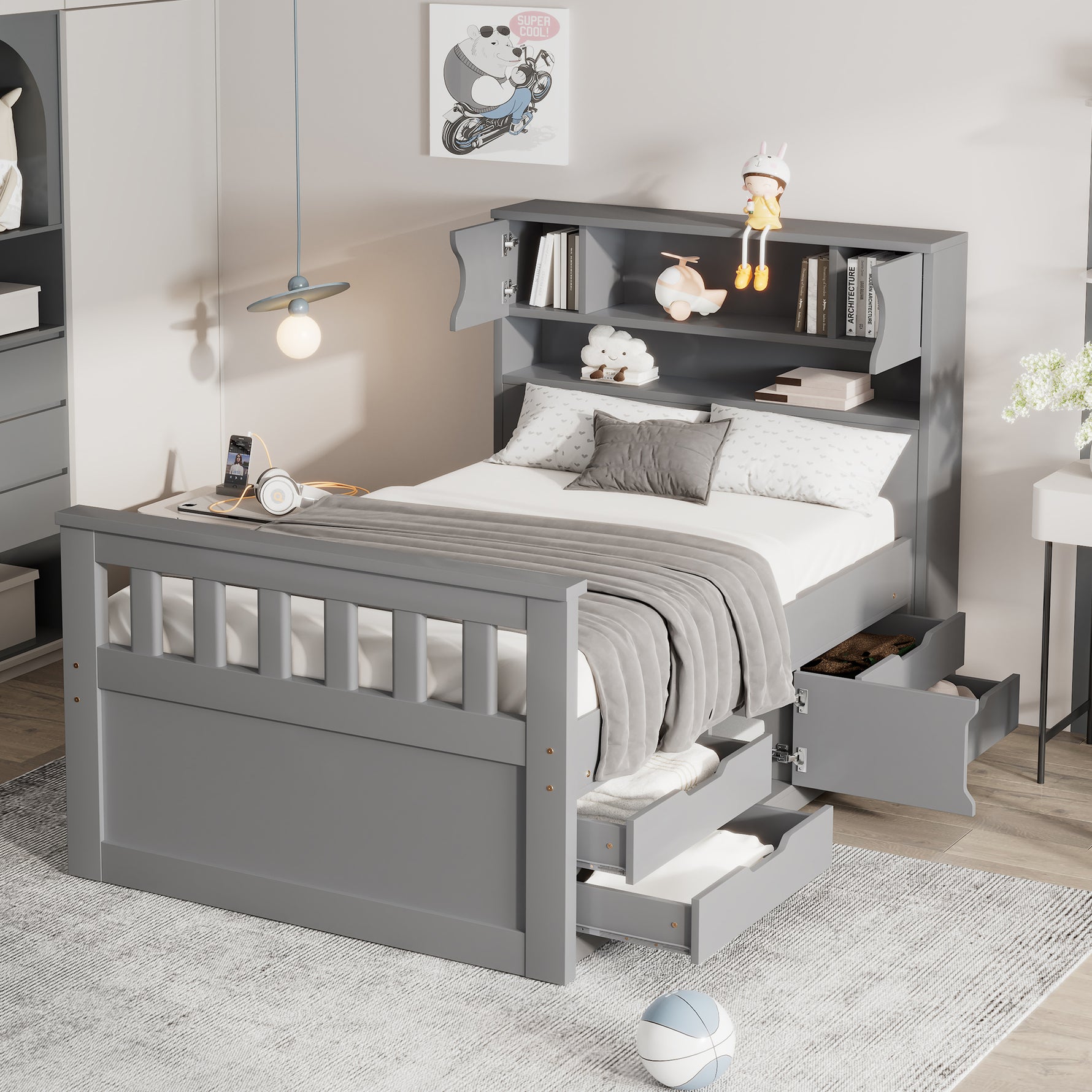 Cadre de lit plateforme simple en gris avec rangements, étagères, bibliothèques et quatre tiroirs, par eprolo.