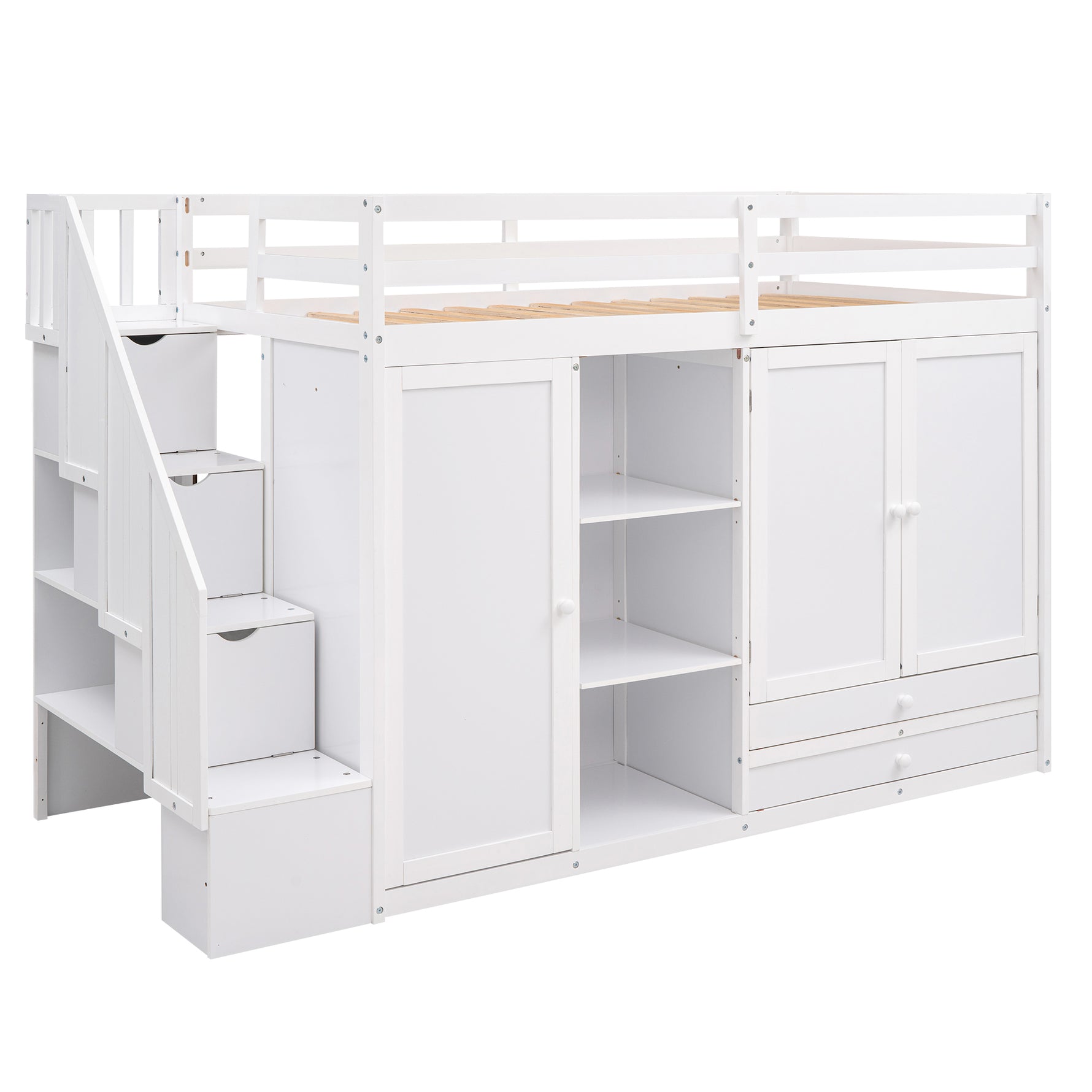 Lit mezzanine fonctionnel eprolo blanc avec 3 étagères, 2 armoires, 2 tiroirs et échelle de rangement, sans sommier.