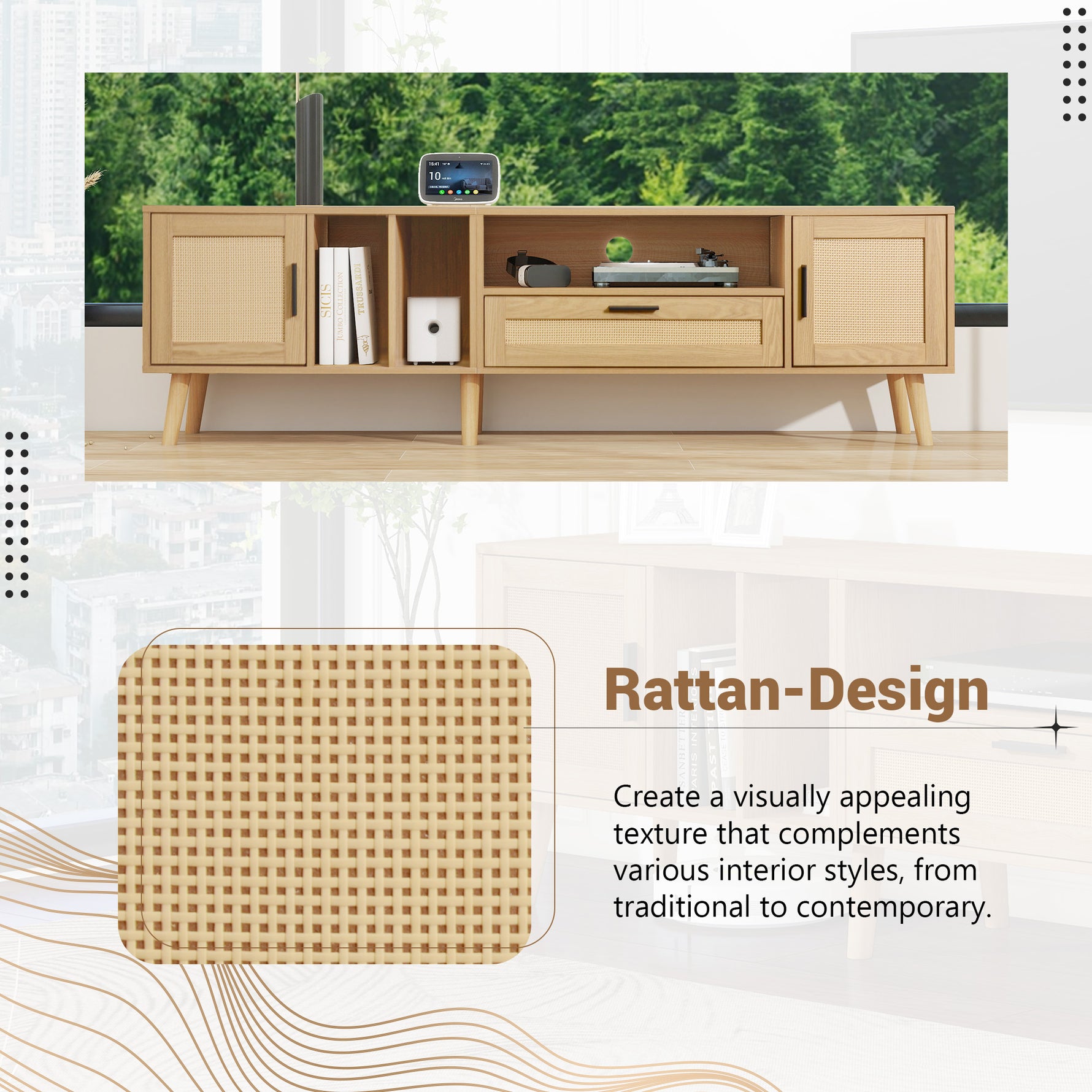 Support de télévision Vine d'eprolo en bois avec étagères pour meuble TV moderne et pratique.