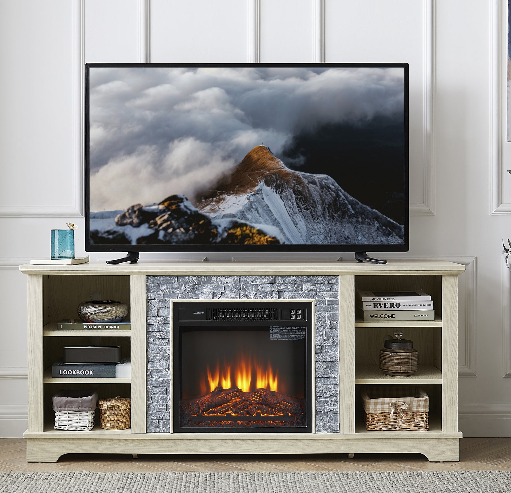 Meuble TV en bois blanc avec cheminée électrique à insert de 18 pouces, espace de rangement ouvert, moderne et élégant.