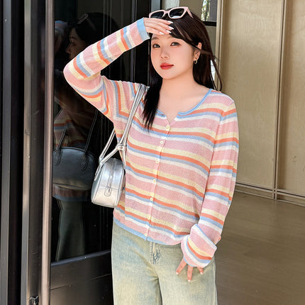Plus Size Round Neck Color Striped Shirt Women's Thin Top