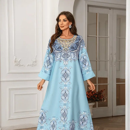 Printed Lace Detail Abaya Long Sleeved Extra Long Dress