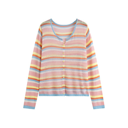 Plus Size Round Neck Color Striped Shirt Women's Thin Top