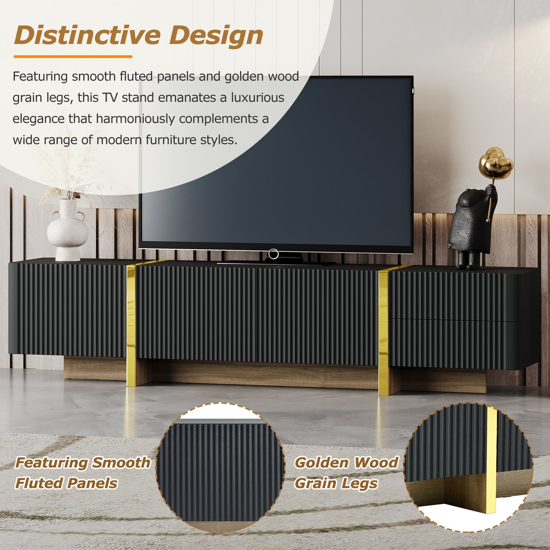 Meuble TV design moderne noir pour téléviseurs jusqu'à 80 pouces, avec rangements et tiroirs, marque eprolo
