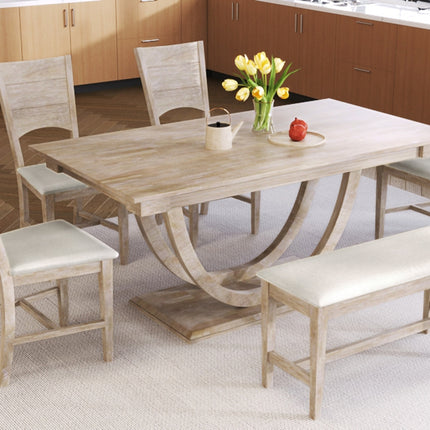 TOPMAX 6-Piece Wood Half Round Dining Table Set With Long Bench & 4 Chairs