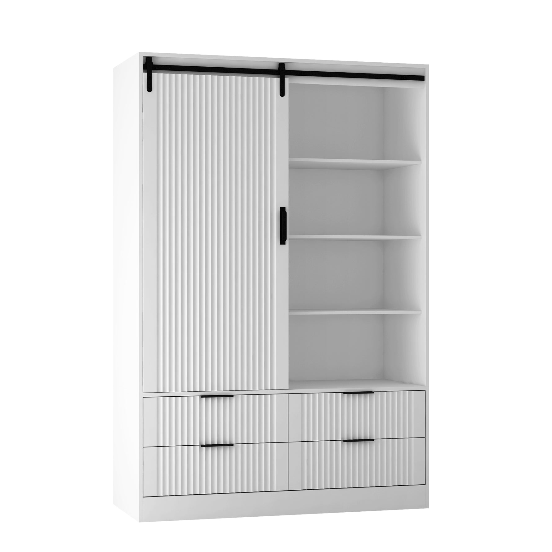 Armoire blanche eProlo pour chambre avec porte coulissante, étagères ouvertes, tiroirs et barre de suspension pour vêtements.