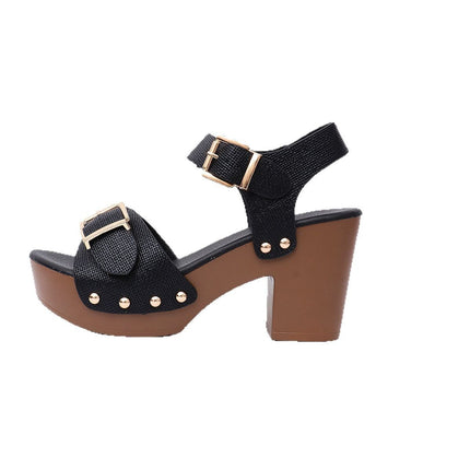 Plus Size Thick High Heel Sandals With Buckle Rivet Buckle Sandals