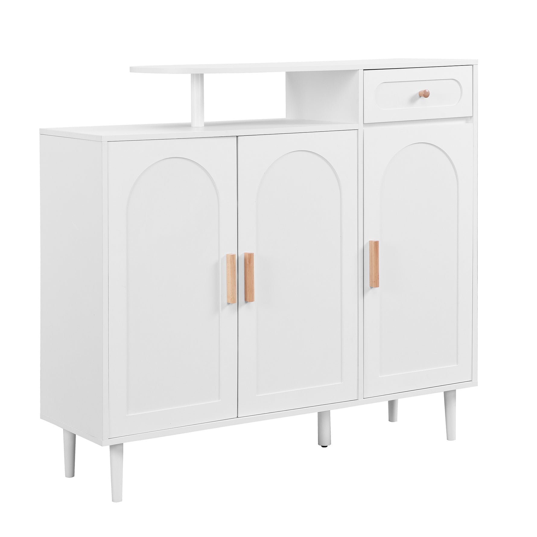 Meuble d'entrée blanc eprolo avec portes arquées, tiroirs, panneaux de rangement, étagères ajustables et pieds en bois solide.