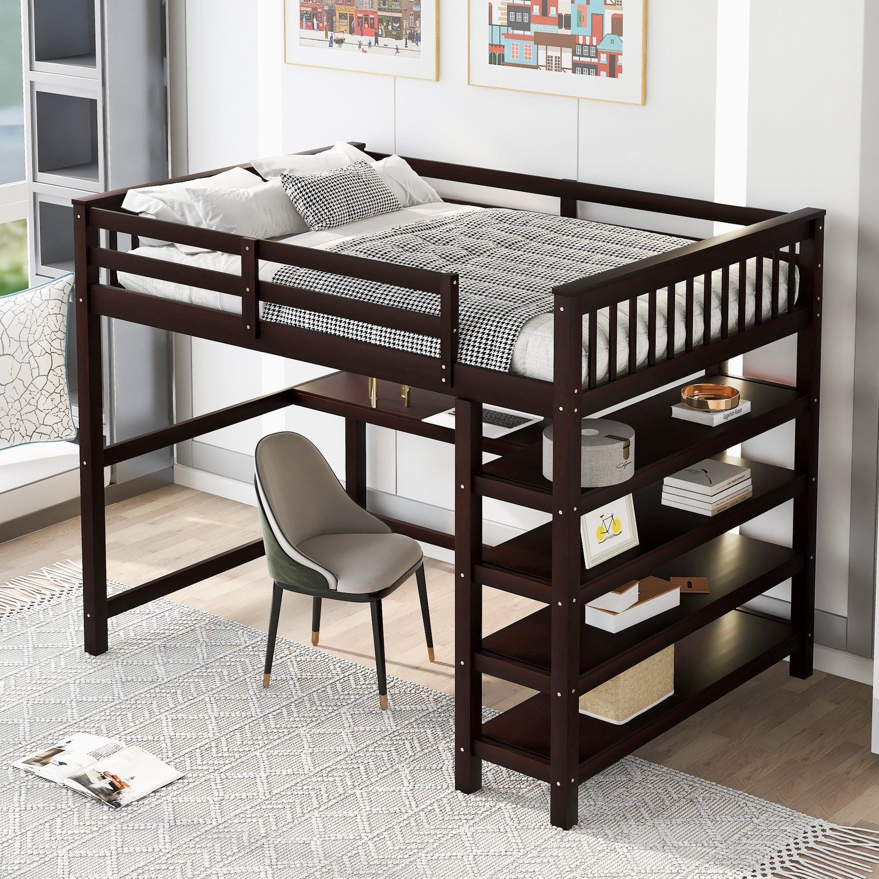 Lits mezzanine pleine taille eprolo avec étagères de rangement, bureau sous le lit, finition espresso, structure en bois robuste