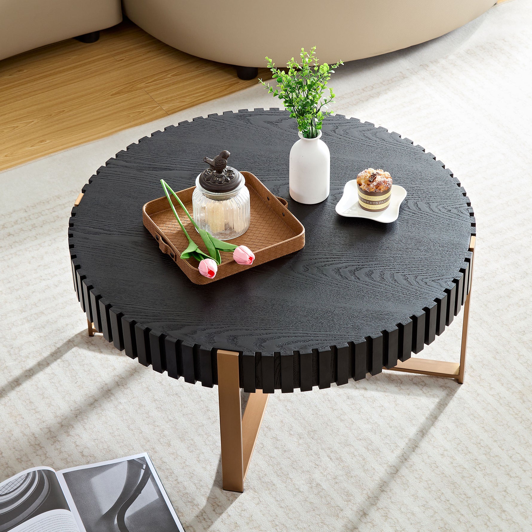 Table basse ronde en bois moderne eprolo, table de salon noire avec piètement robuste, diamètre de 80 cm, design artisanal.