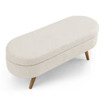 Banquette ovale de rangement beige avec pieds en bois de caoutchouc, dimensions 43,5"x16"x16", meuble pratique et élégant.