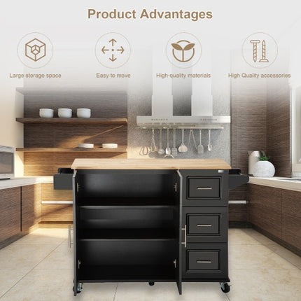 Kitchen Island And Kitchen Trolley, Mobile Kite Island, With Extendable Rubberwood Tabletop, Adjustable Cabinet Shelves