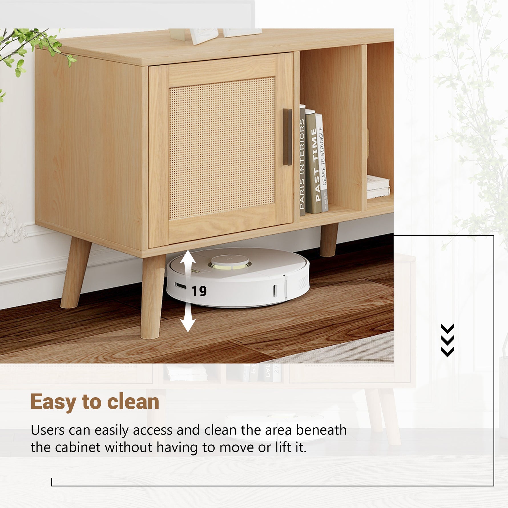 Support de télévision Vine de eprolo en bois avec espace pour appareils électroniques, design moderne et fonctionnel.