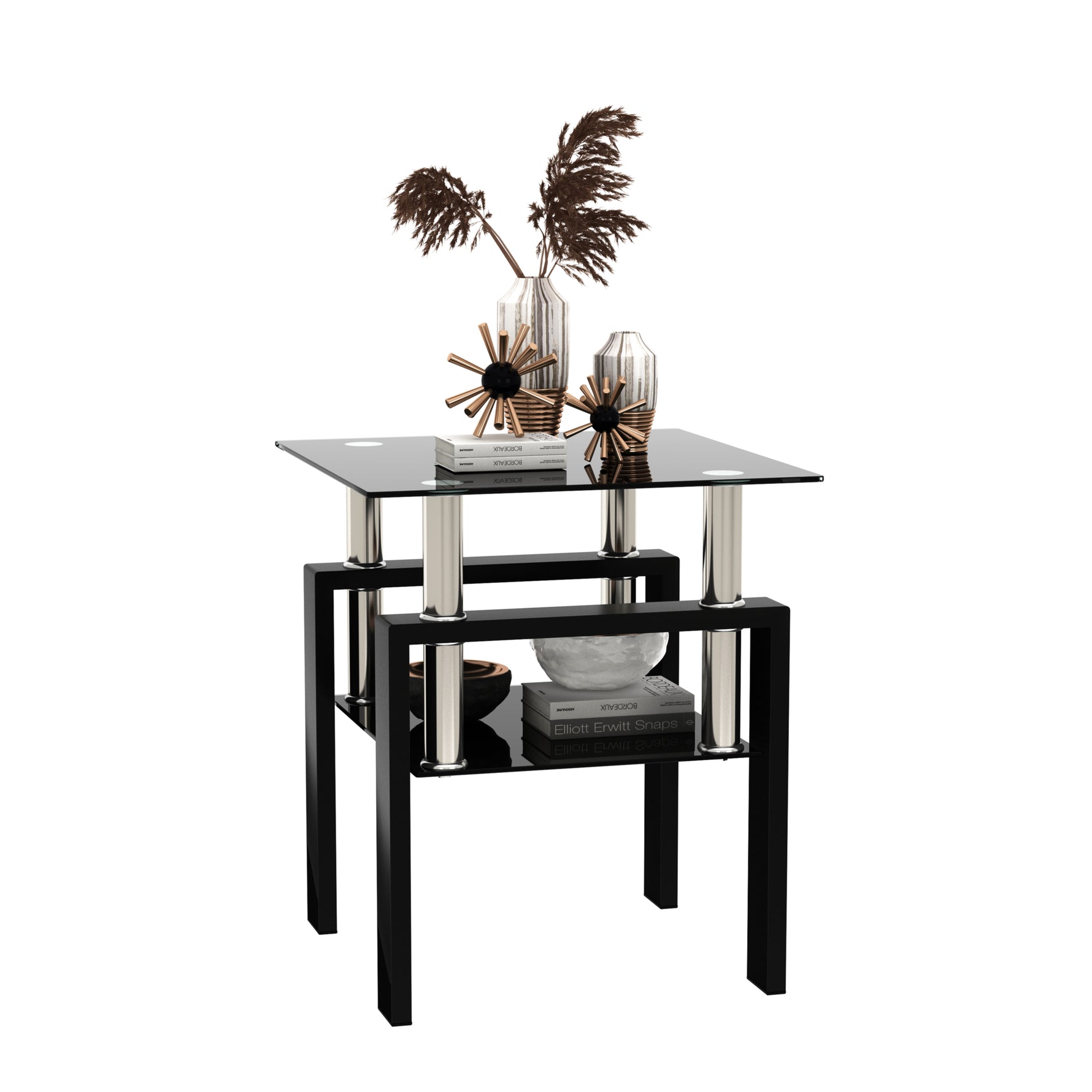 Table basse moderne en verre trempé noir, table d'appoint carrée pour salon, design épuré, par eprolo.