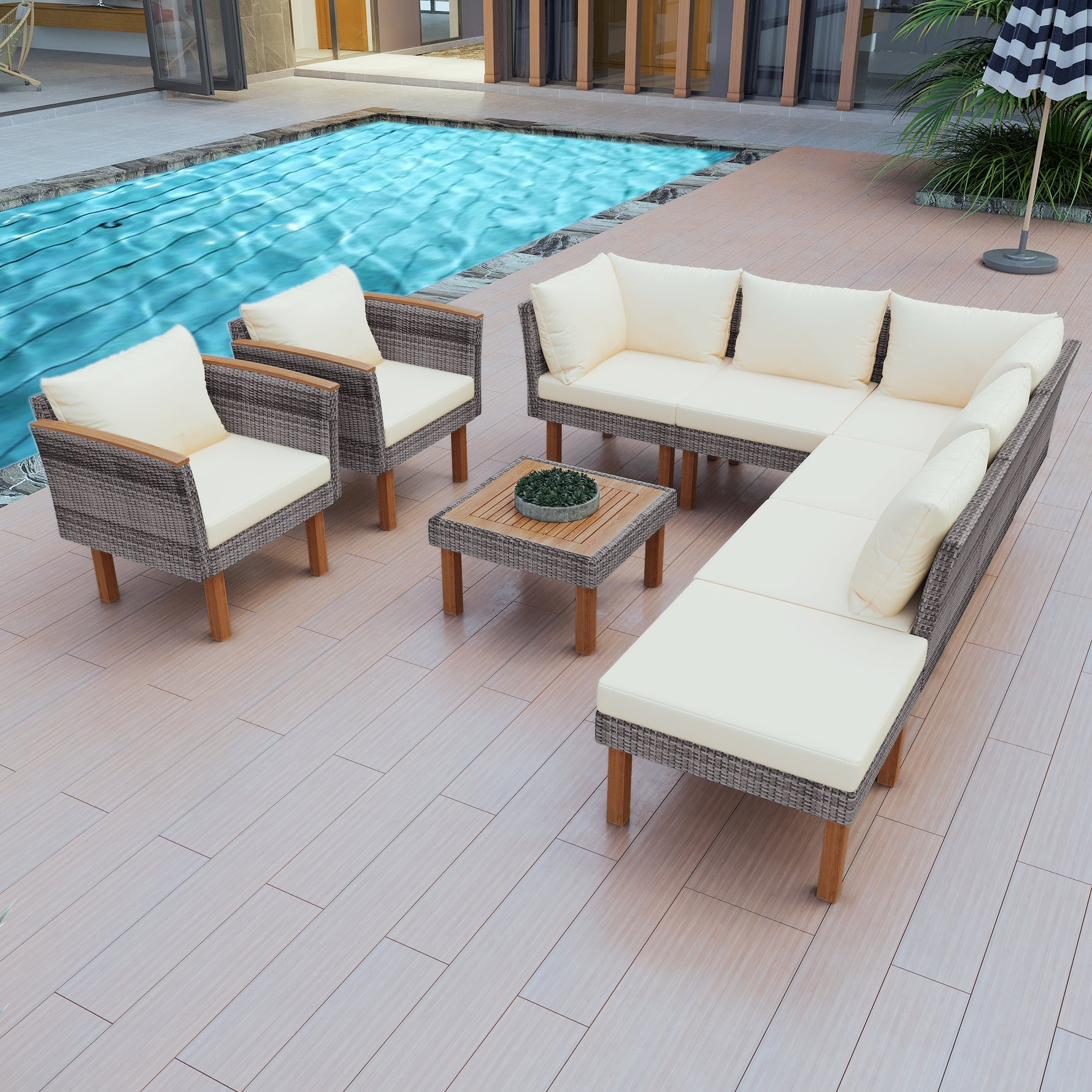 Set de mobilier de patio en rotin eprolo avec table en acacia, canapé et coussins beiges lavables, style moderne et confortable.