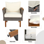 Ensemble de mobilier de jardin en rotin 9 pièces eprolo avec coussins beiges, table en acacia et structure en bois.
