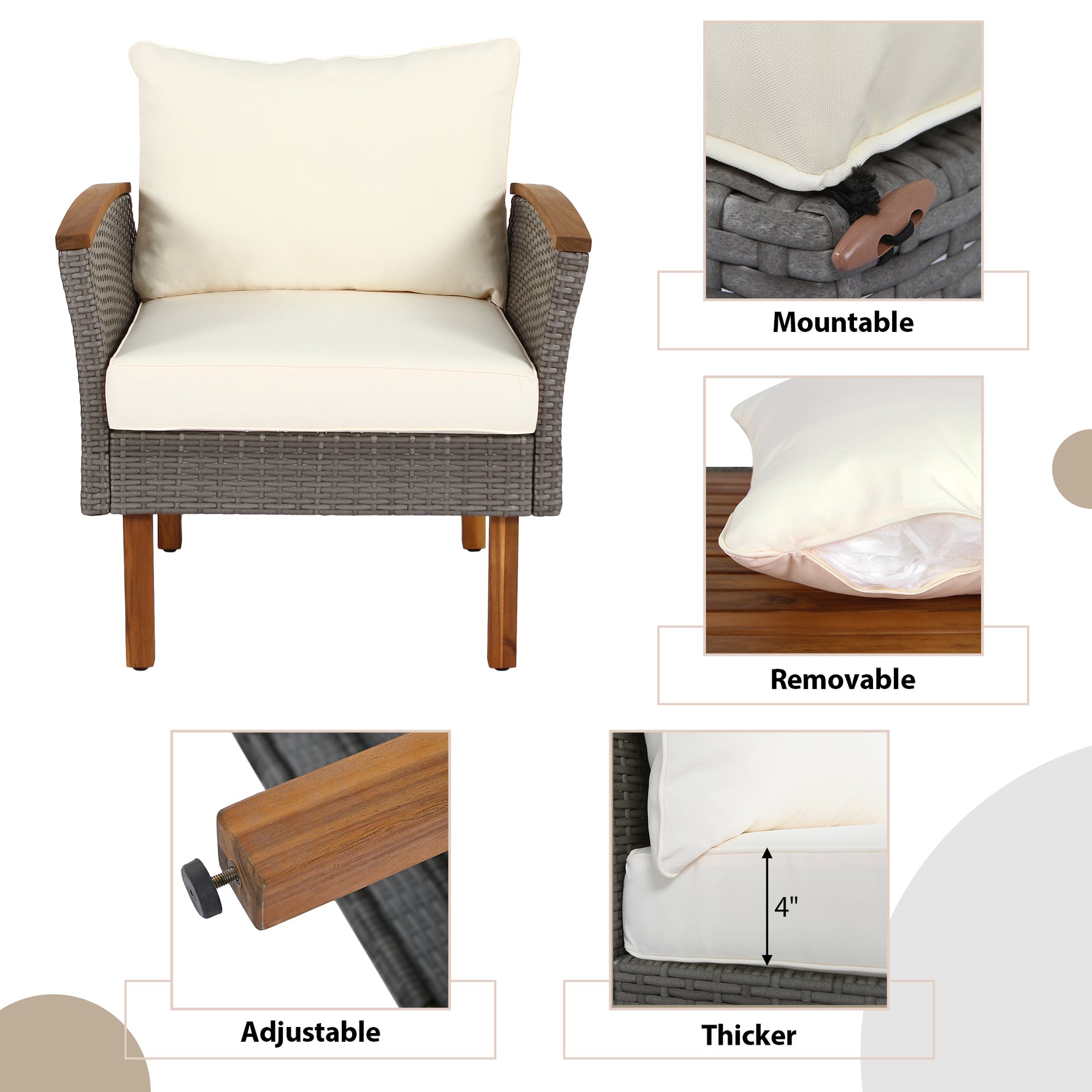 Ensemble de mobilier de jardin en rotin 9 pièces eprolo avec coussins beiges, table en acacia et structure en bois.