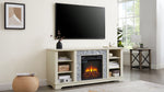 Meuble TV en bois blanc avec cheminée électrique en pierre, espace de rangement ouvert, insert de 18 pouces, style moderne.