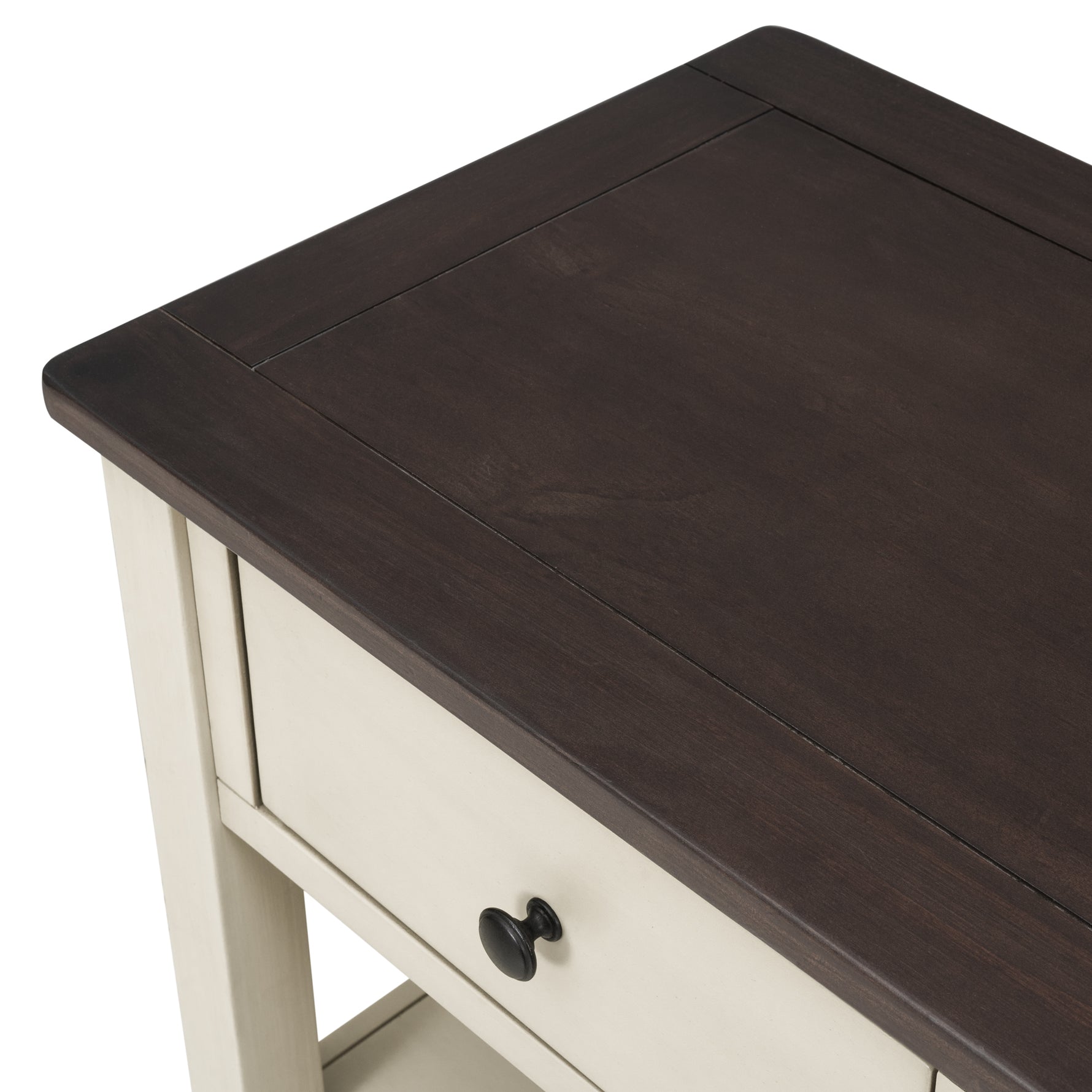 Table console rétro en bois massif de pin avec deux étagères ouvertes, style Espresso et Beige, pour salon.