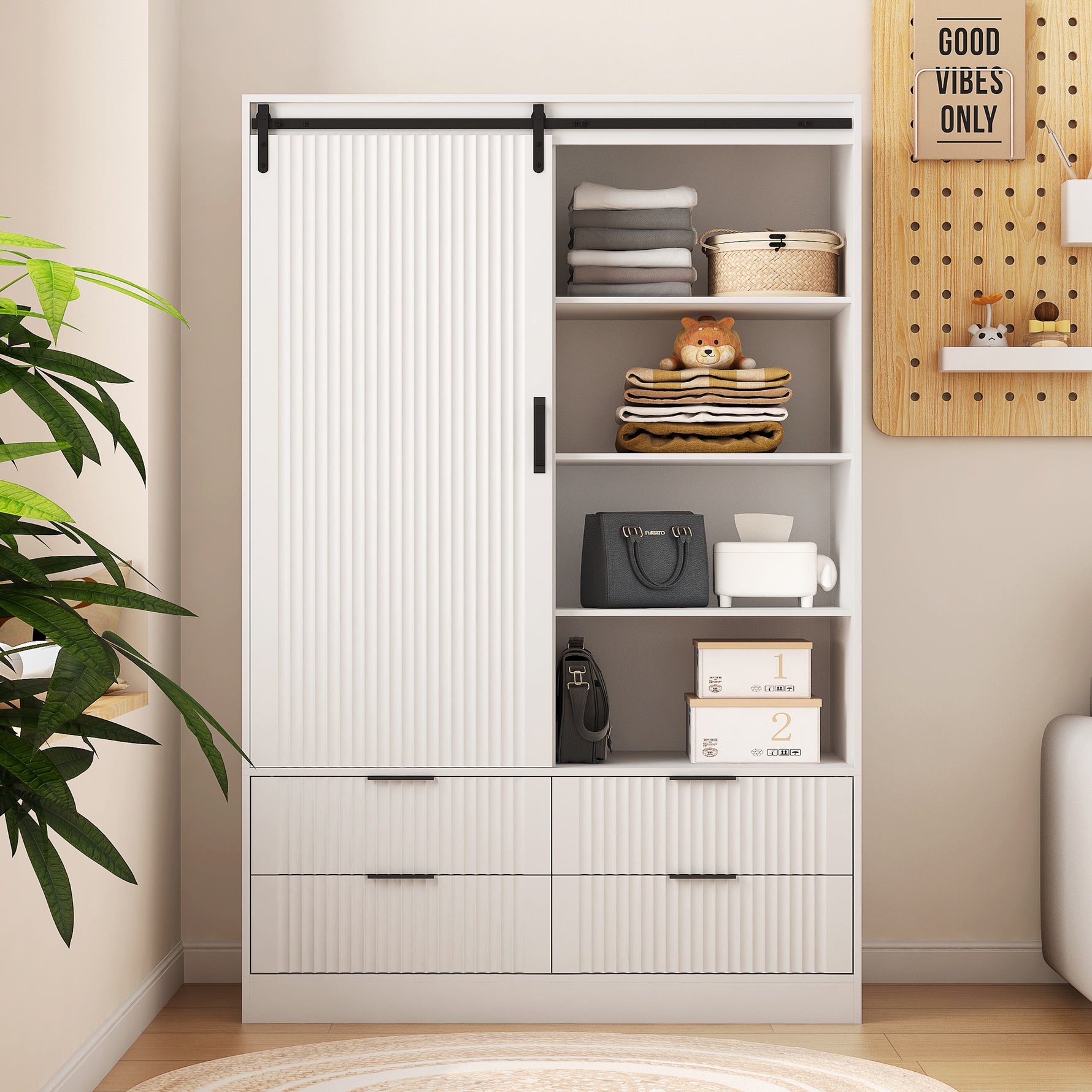 Armoire blanche eprolo pour chambre, rangement avec portes coulissantes, étagères ouvertes, tiroirs et tringle pour vêtements.