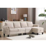 Canapé d'angle convertible en lin beige avec rangement, sofa quatre places moderne, sectionnel en tissu pour salon eprolo