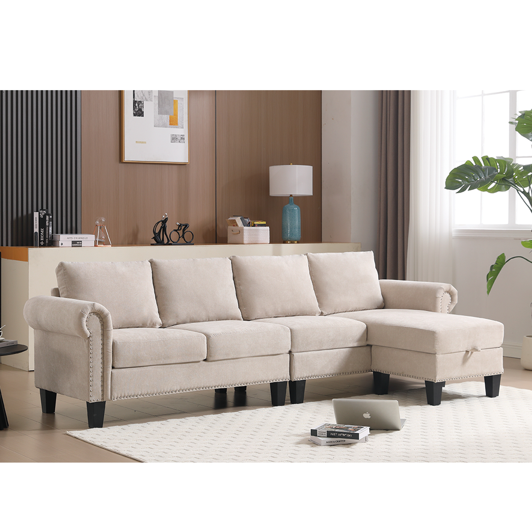 Canapé d'angle convertible en lin beige avec rangement, sofa quatre places moderne, sectionnel en tissu pour salon eprolo