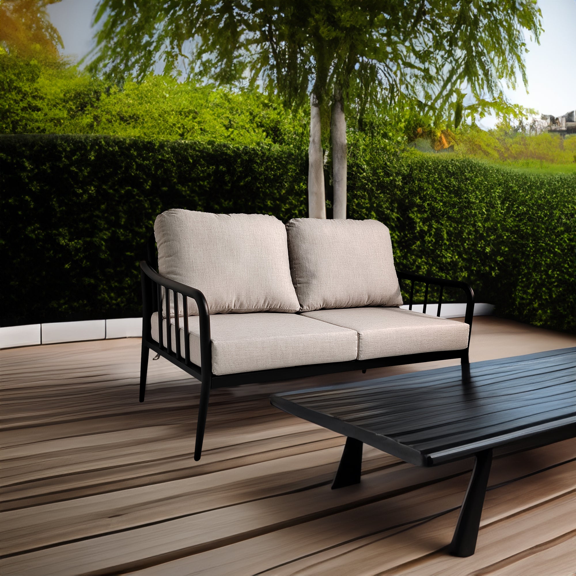Ensemble de mobilier de patio en aluminium moderne eprolo, sofa loveseat pour conversation extérieure, image vue de face.