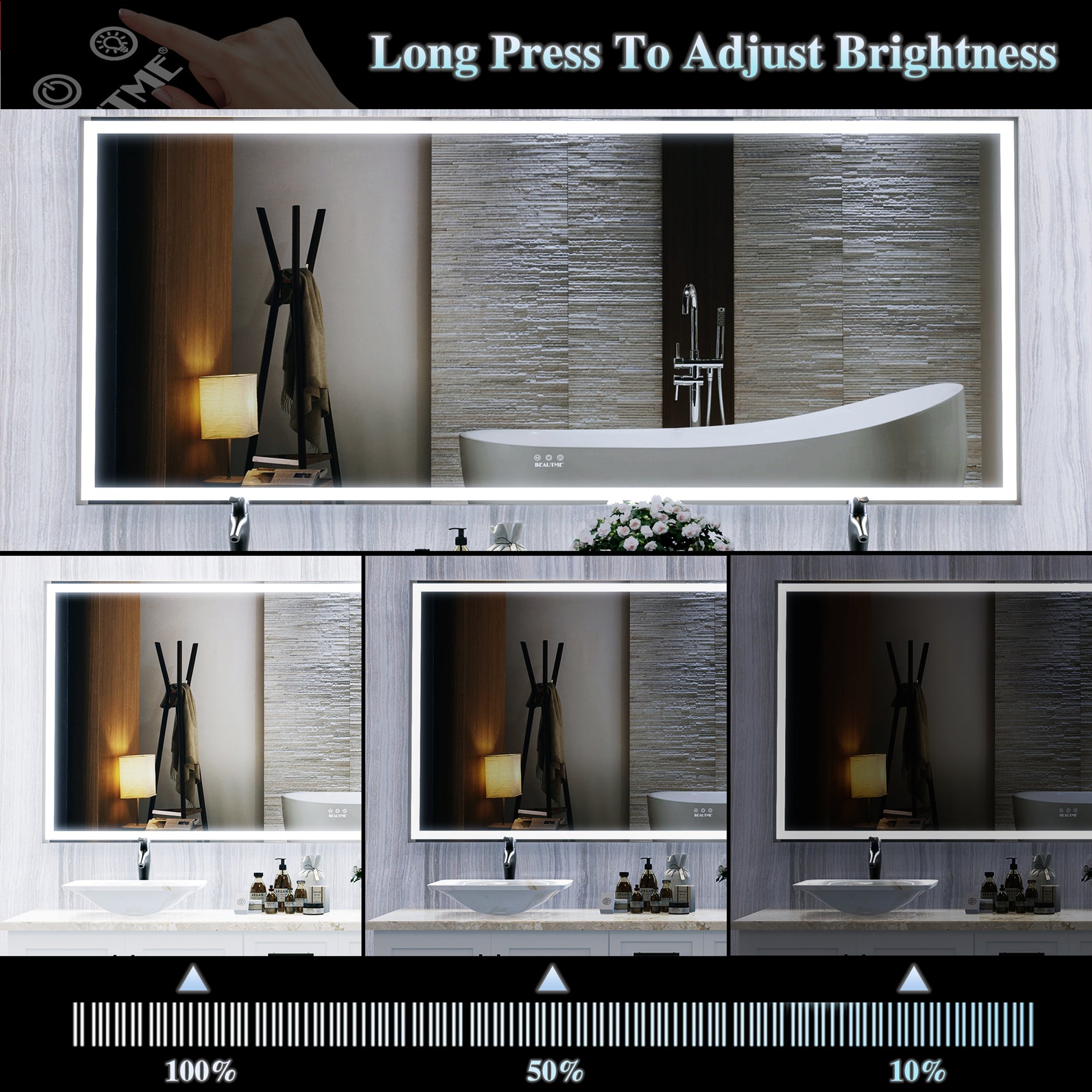 Grand miroir LED de salle de bain eprolo, murale, avec cadre en aluminium, 3 modes de couleur et miroir pleine longueur.