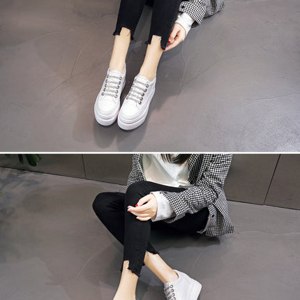 Genuine Leather Platform Versatile Casual Breathable White Muffin Height Increasing Insole Women's Board Shoes