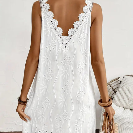 Solid-color V-neck Lace Sleeveless A-line Dress