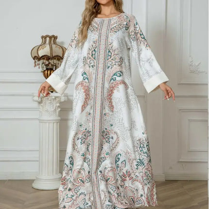 Elegant Floral Print Long Sleeve Abaya Dress