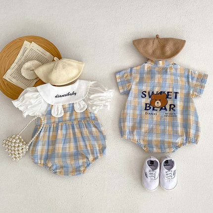 Baby Short Sleeve Two-piece Thin Bear Plaid Romper Climbing Clothing