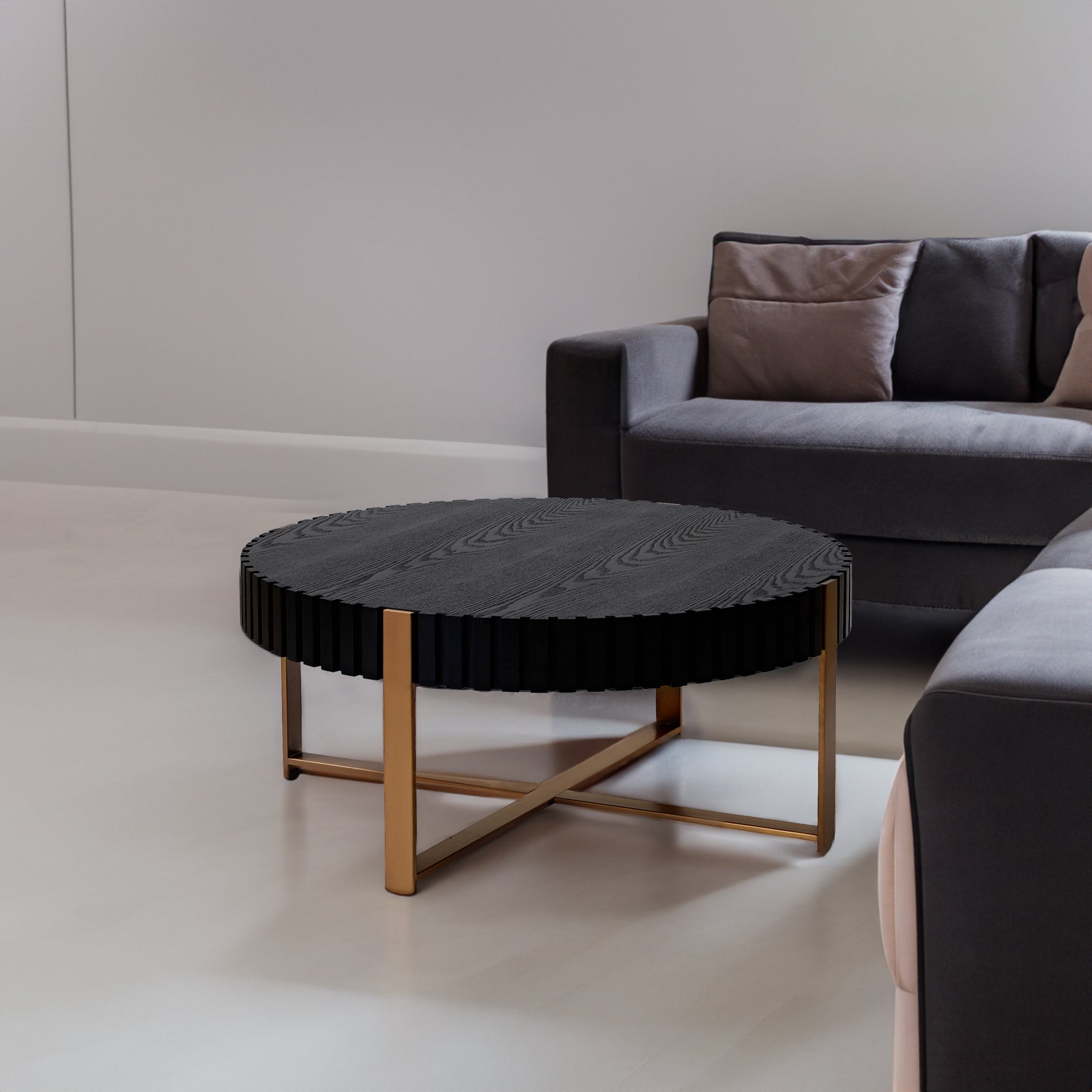 Table basse ronde moderne en bois artisanale eprolo, 31,5 pouces, avec piédestal robuste, finition noire pour salon.