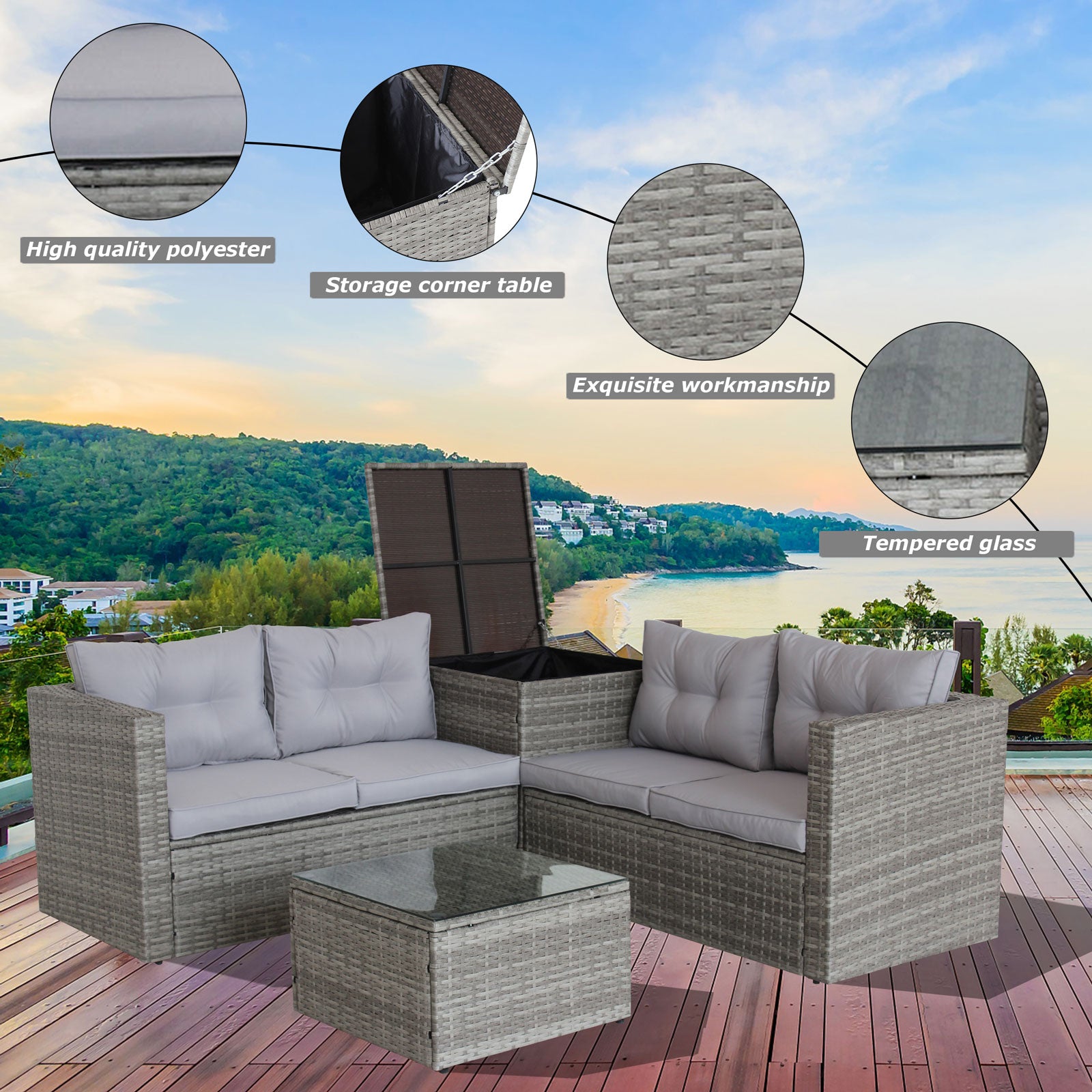 Canapé d'extérieur en rotin gris eprolo, ensemble de mobilier de patio avec coffre de rangement, 4 pièces, style sectionnel