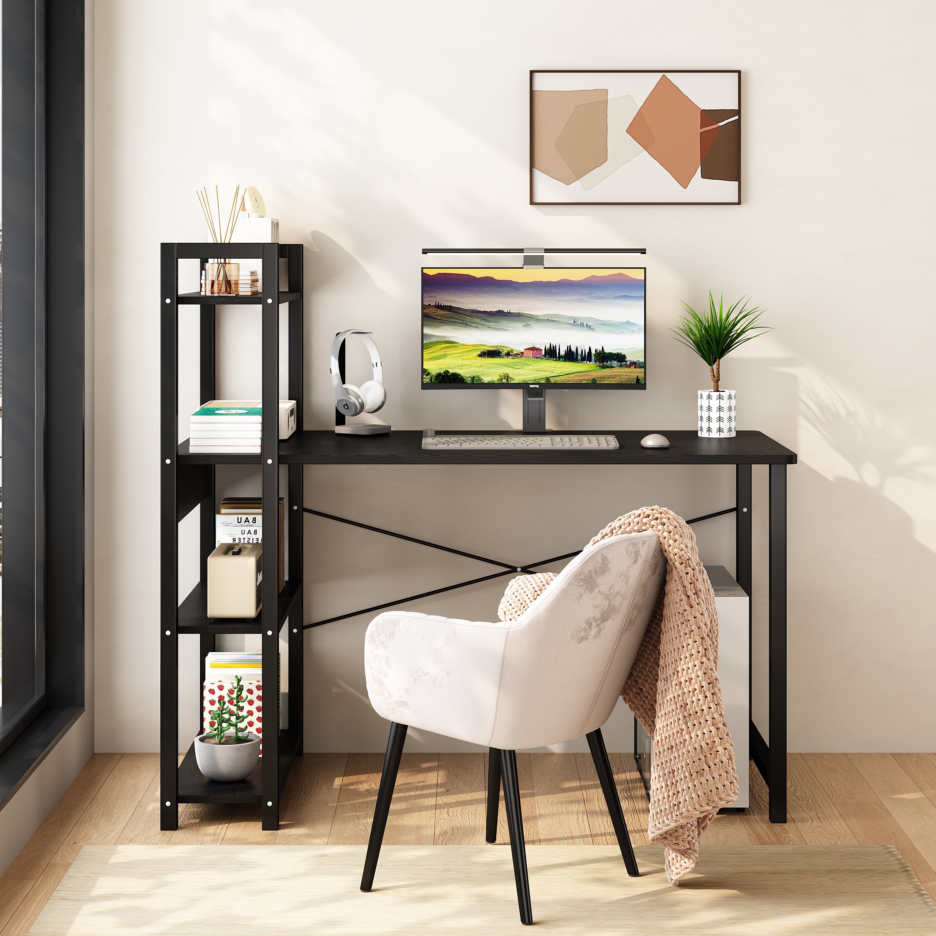 Bureau pour chambre avec cadre en acier, bureau informatique en métal et bois, 4 étagères de rangement, style étudiant, marque eprolo
