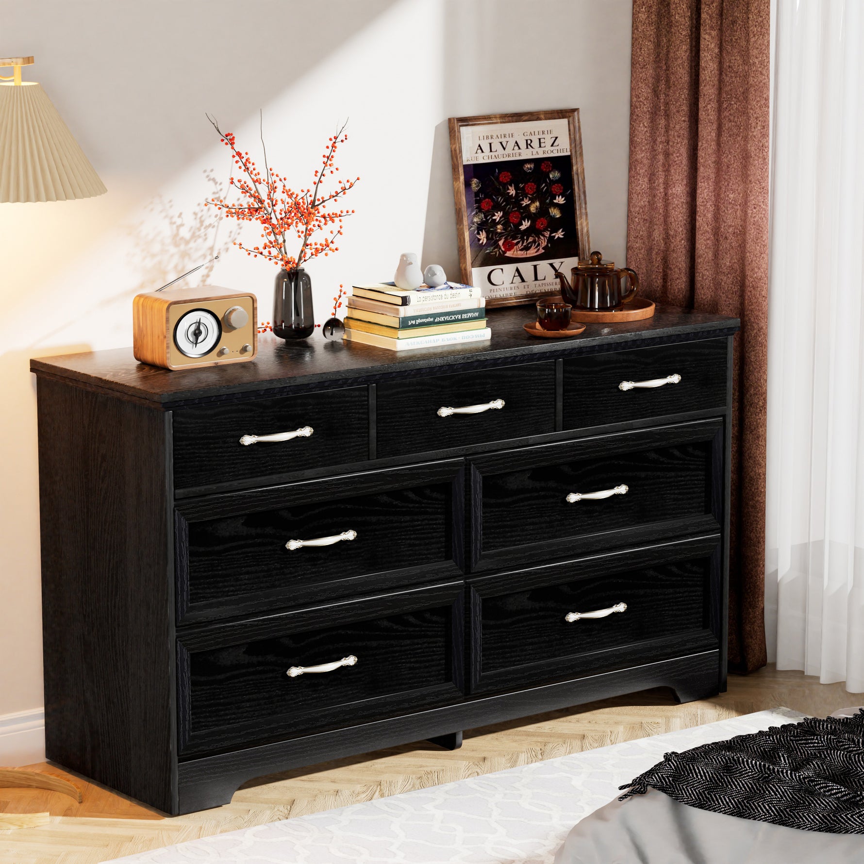 Commode de chambre moderne à 3 tiroirs avec poignées en métal, meuble de rangement noir, dimensions 47,6"x15,7"x26,6".